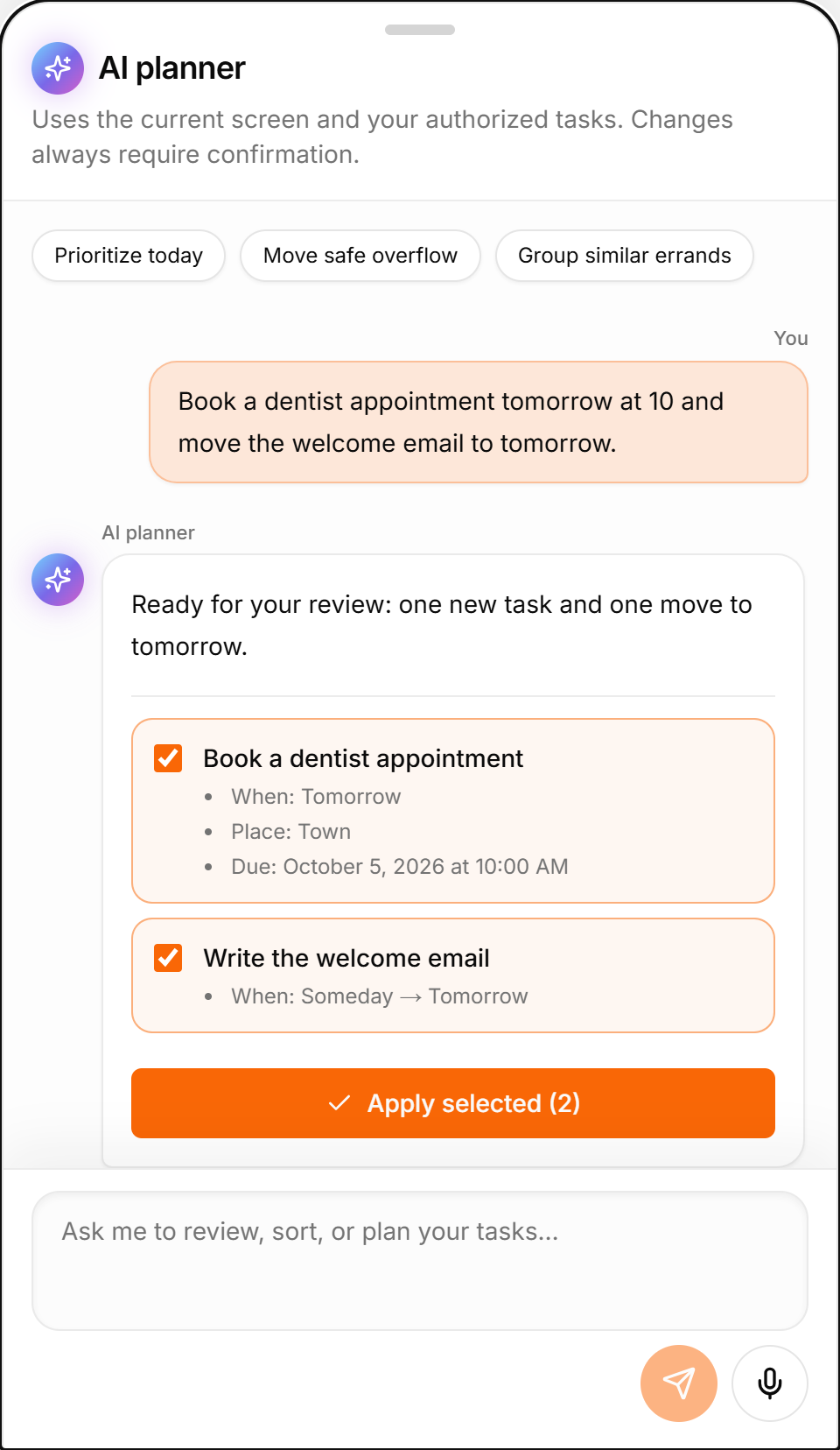 TasksNet AI assistant in English showing a new task and a rescheduling proposal with selectable changes and an Apply button.